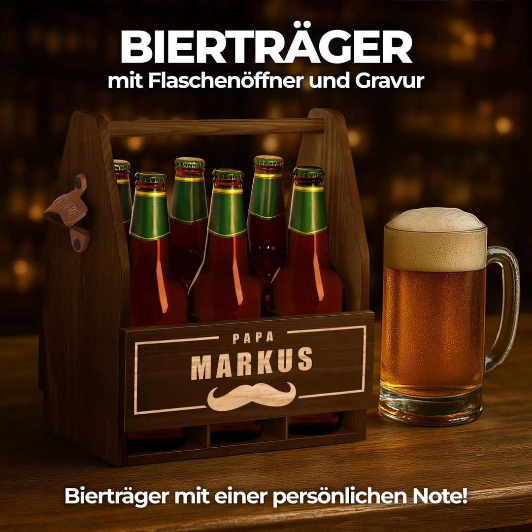 Maverton Bierträger für 6 Flaschen 0,5L + Gravur - Männerhandtasche mit Flaschenöffner - Grösse: 25x