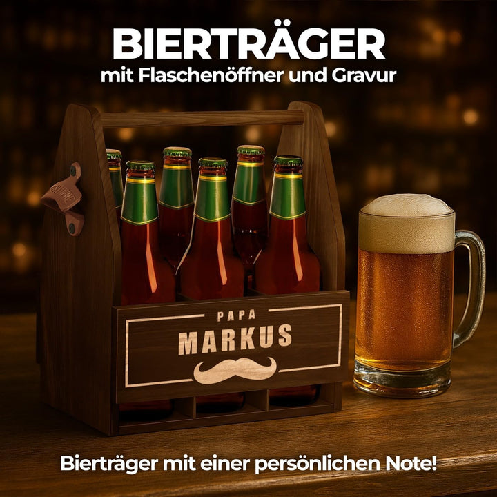 Maverton Bierträger für 6 Flaschen 0,5L + Gravur - Männerhandtasche mit Flaschenöffner - Grösse: 25x