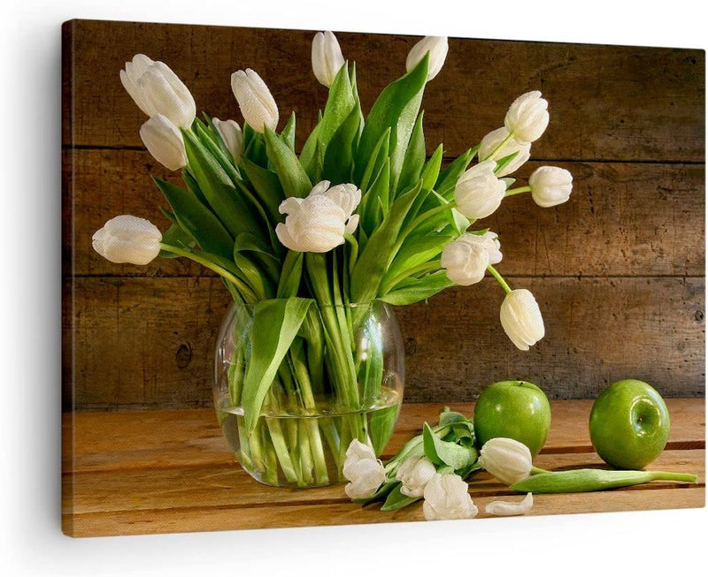 Bilder auf Leinwand Tulpen Apfel Blumenstrauss Frühling Leinwandbild 70x50cm Wandbilder Dekoration W