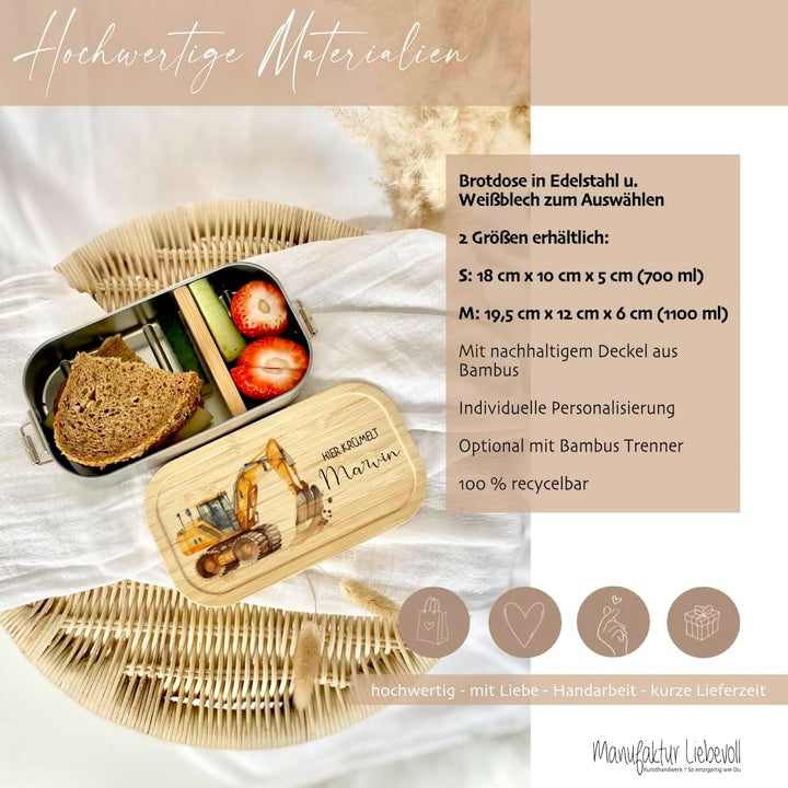 Manufaktur Liebevoll - Personalisierte Brotdose mit Fächern, Edelstahl Lunchbox mit Bambus Deckel u.