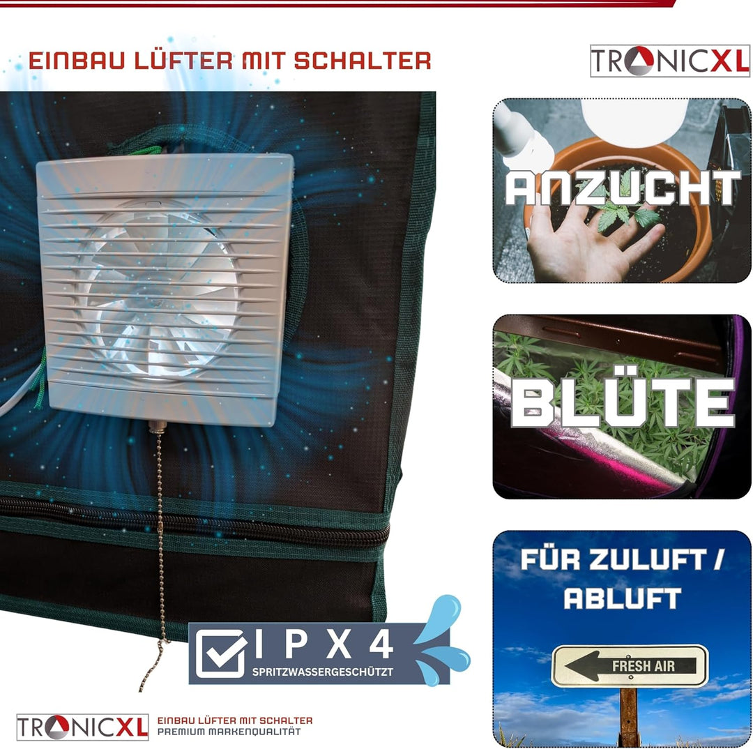 TronicXL IPX4 100mm Abluft/Zuluft Grow Lüfter Ventilator mit Netzstecker und Schalter für Homebox Gr