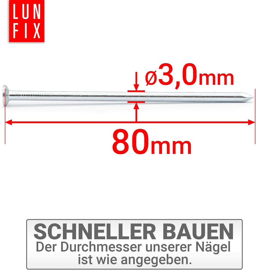 Stahlnägel 3,0 x 80 mm - 5kg (ca. 1150 stk.) – verzinkt, mit Senkkopf, 80mm lang (3.1"), Drahtstifte