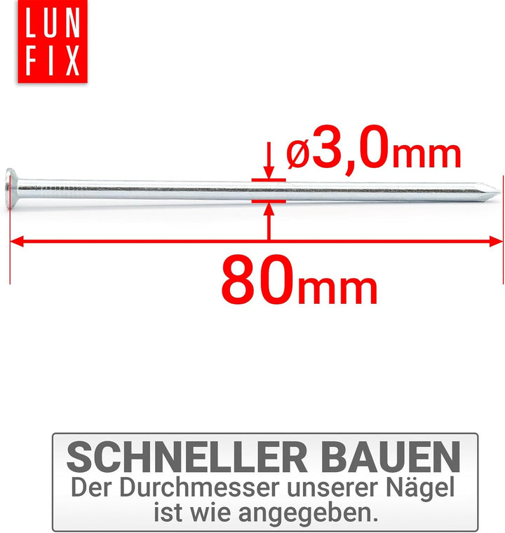 Stahlnägel 3,0 x 80 mm - 5kg (ca. 1150 stk.) – verzinkt, mit Senkkopf, 80mm lang (3.1"), Drahtstifte