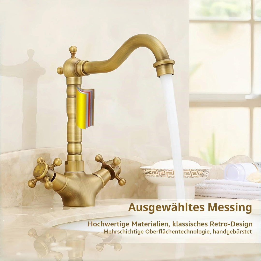 Wasserhahn Küche Bronze Antike, Wasserhahn Waschbecken Bad Hoch Messing Retro, Zweigriff Mischbatter