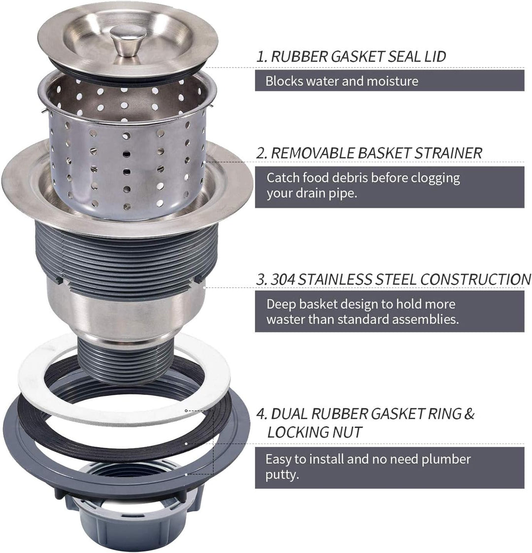 KONE 3-1/2-inch Kitchen Sink Strainer with Removable Deep Waste Basket / Strainer Assembly / Sealing