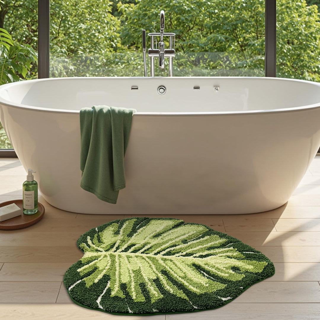 DEXI Badezimmerteppich 80 x 120 cm, Badematte rutschfest Absorbierende mit Monstera Pflanzenmuster,