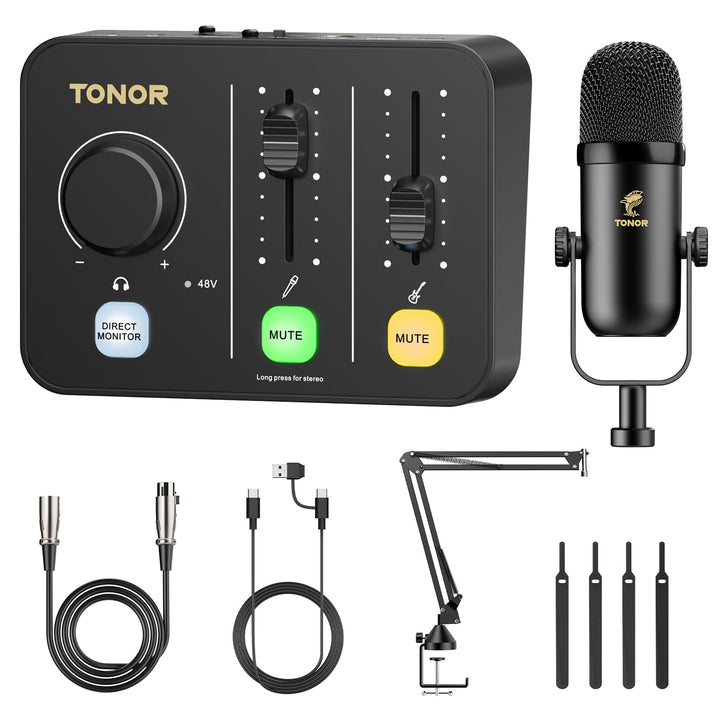 TONOR Podcast Mikrofon Set mit Audio Interface & Mikrofonarm, XLR Mikrofon, Kondensatormikrofone, Au