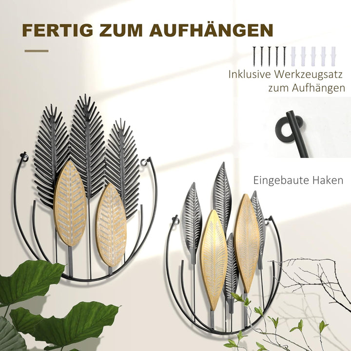 HOMCOM 2-Set 3D-Wandbild aus Metall Blätter Wandschmuck Wanddeko Wandverzierung modern Wohnzimmer-Ku