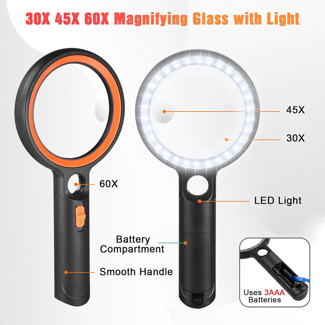 Lupe mit Licht mit 30 LED, 30X 45X 60X Leselupe mit Licht Gross, 30 Fach Vergrösserung Handlupe mit