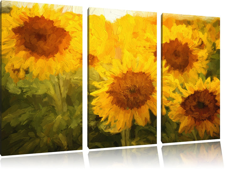 Pixxprint Sonnenblumen auf dem Feld Kunst als Leinwandbild/Grösse: 3 Teilig (120x80 cm) cm/Wandbild/