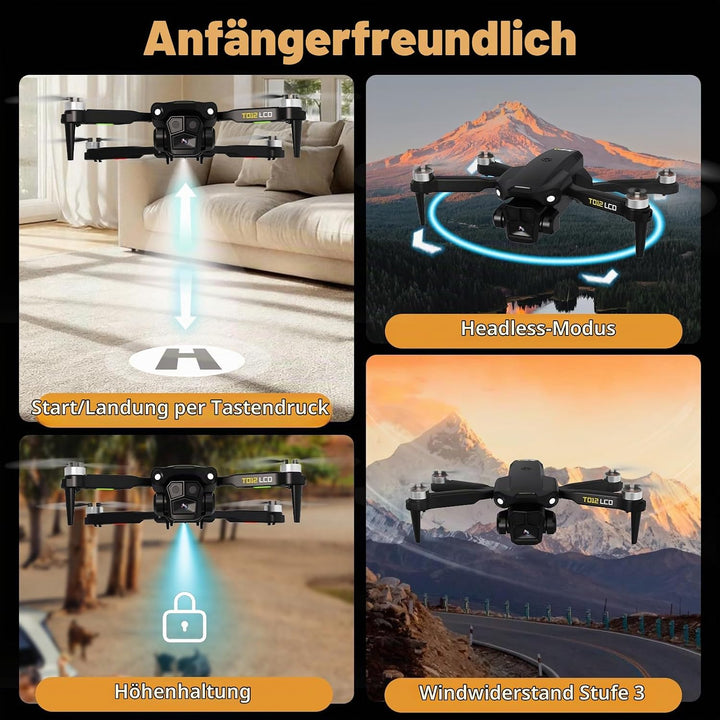 TD12LCD Drohne mit Kamera für Erwachsene, Drohnen mit Optischer Flusspositionierung, Bürstenlosem Mo