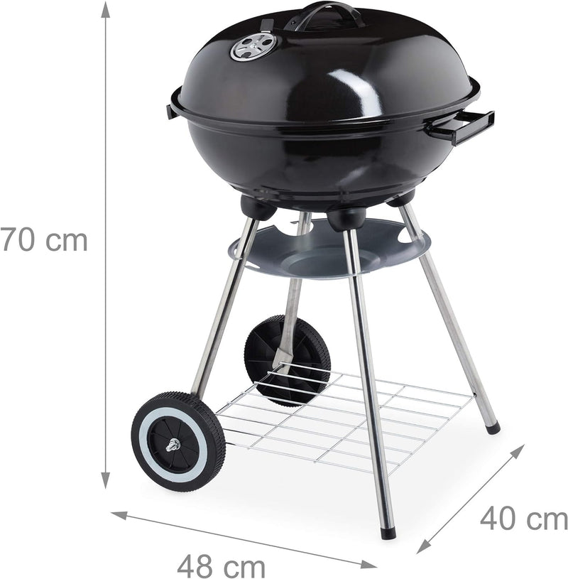 Relaxdays Kugelgrill mit Deckel, Ablage & Aschetopf, fahrbar, Garten & Camping, Grill ∅ 40 cm, Holzk