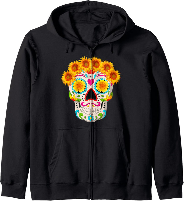 Zuckerschädel mit Sonnenblumen Tag der Toten Halloween Kapuzenjacke