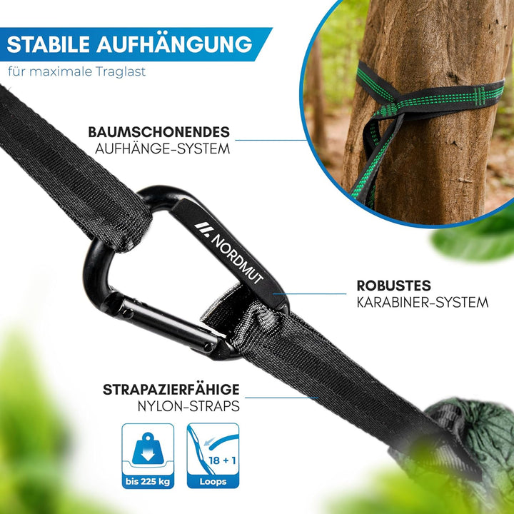 NORDMUT® Ultraleichte Hängematte Outdoor [mit Befestigungs-Set] Camping Hängematte inkl. Baumschutz-