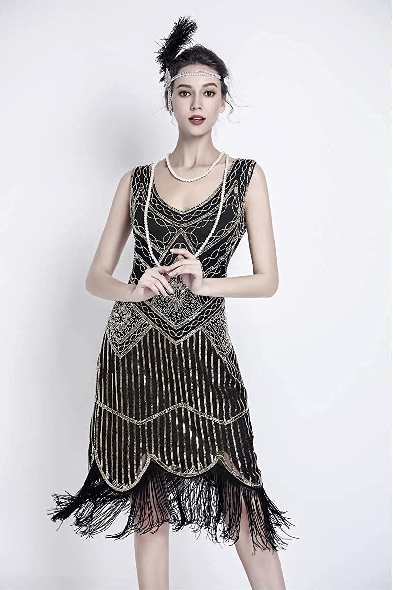 MIMIKRY 20er Jahre Charleston Pailletten Kleid Schwarz/Gold mit Fransen Flapper Damen-Kostüm XXL Sch