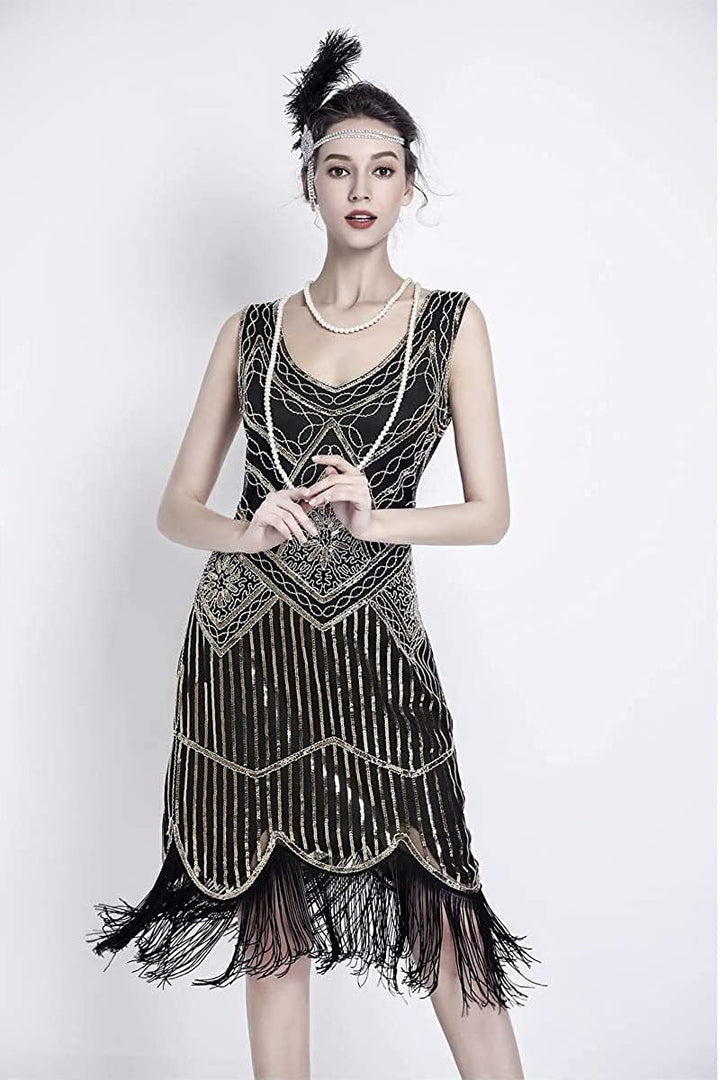 MIMIKRY 20er Jahre Charleston Pailletten Kleid Schwarz/Gold mit Fransen Flapper Damen-Kostüm XXL Sch