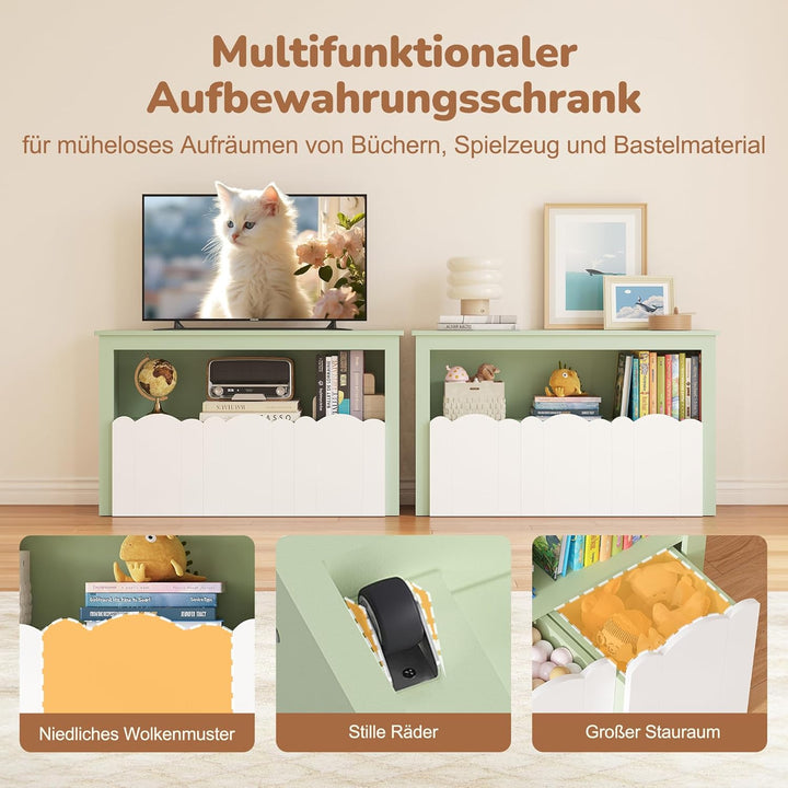 YOUDENOVA Kinderregal mit 3 Boxen &amp; Rollen, 102,2x33x61,5 cm Premium Spielzeugaufbewahrung und Büche