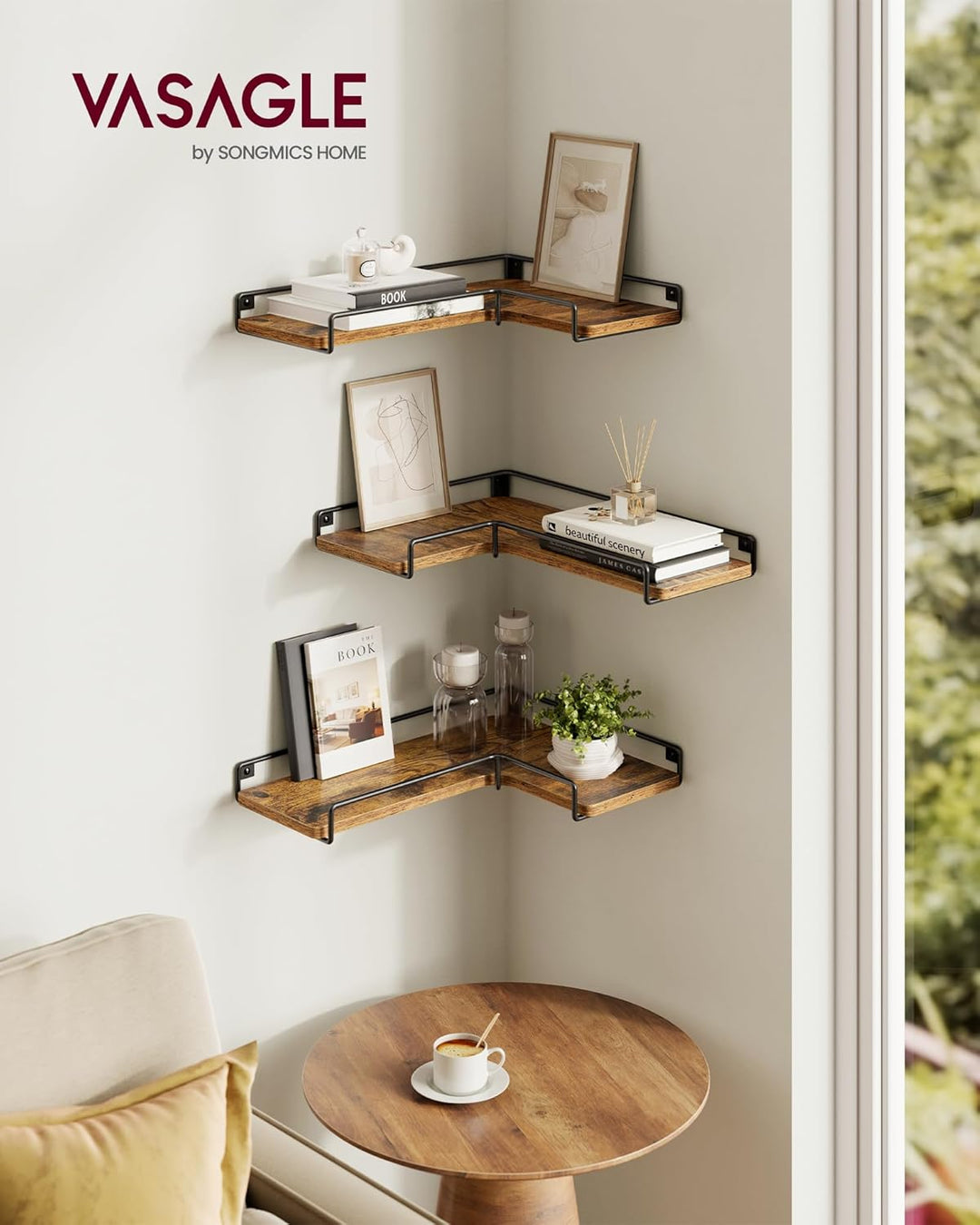 VASAGLE L-förmiges Eckregal, 3er Set, Wandregal, Industrie-Design, für Wohnzimmer, Schlafzimmer, Küc