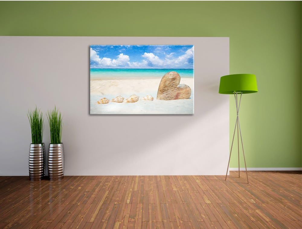 Pixxprint Weisser Sandstrand mit Muscheln Bunstift Effekt, Format: 100x70 auf Leinwand, XXL riesige