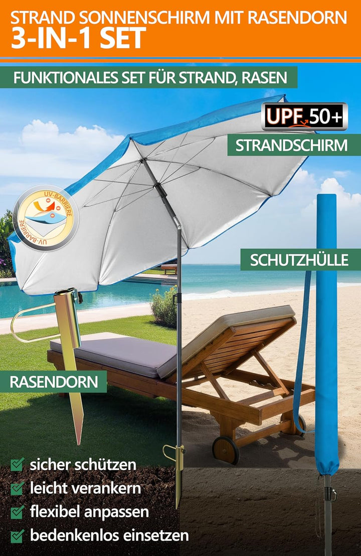 4smile SunnyJoy Sonnenschirm Strand 180 cm, 3er Set - Strandschirm windfest stabil in Himmelblau, in