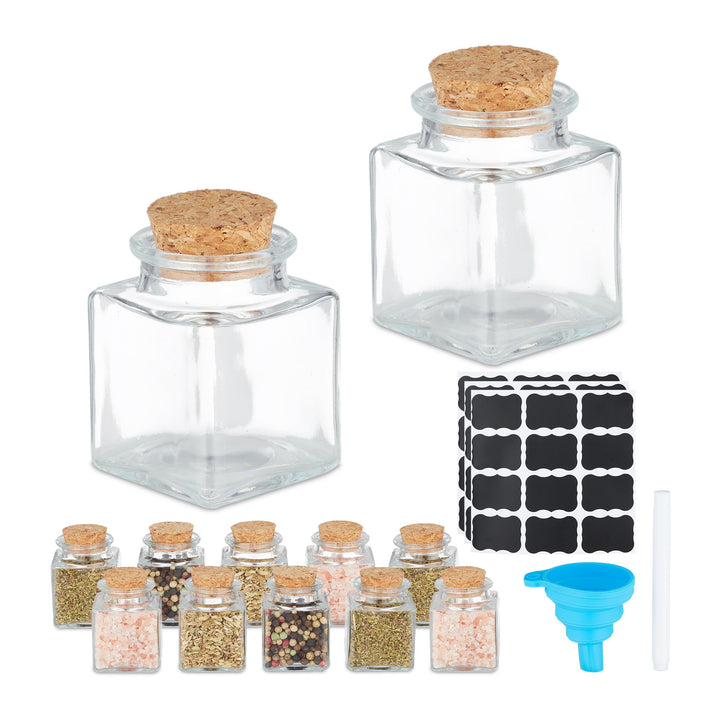 Relaxdays Gewürzgläser 12er Set, Gewürzdosen Glas, 50 ml, mit Etiketten, Stift &amp; Trichter, Korkdecke