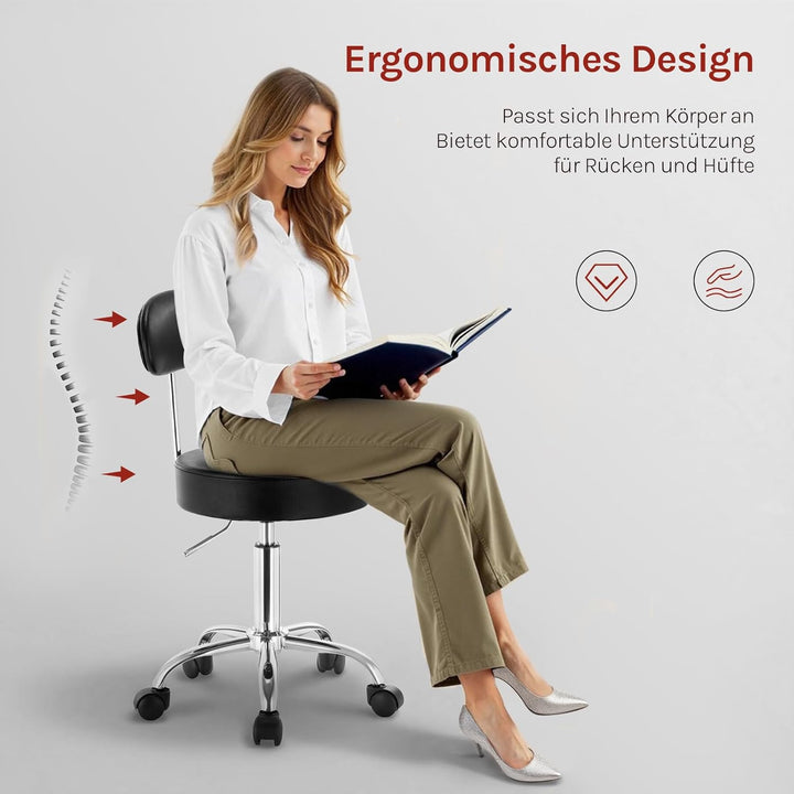WOLTU Rollhocker Schminkhocker Hocker höhenverstellbar mit Rollen & Lehne Schwarz Arbeitshocker 360°