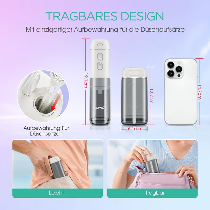 VOYOR-HEALTH Mini Tragbar Munddusche Kabellos, Elektrisch Mundduschen IPX7 Wasserdicht, Wiederauflad