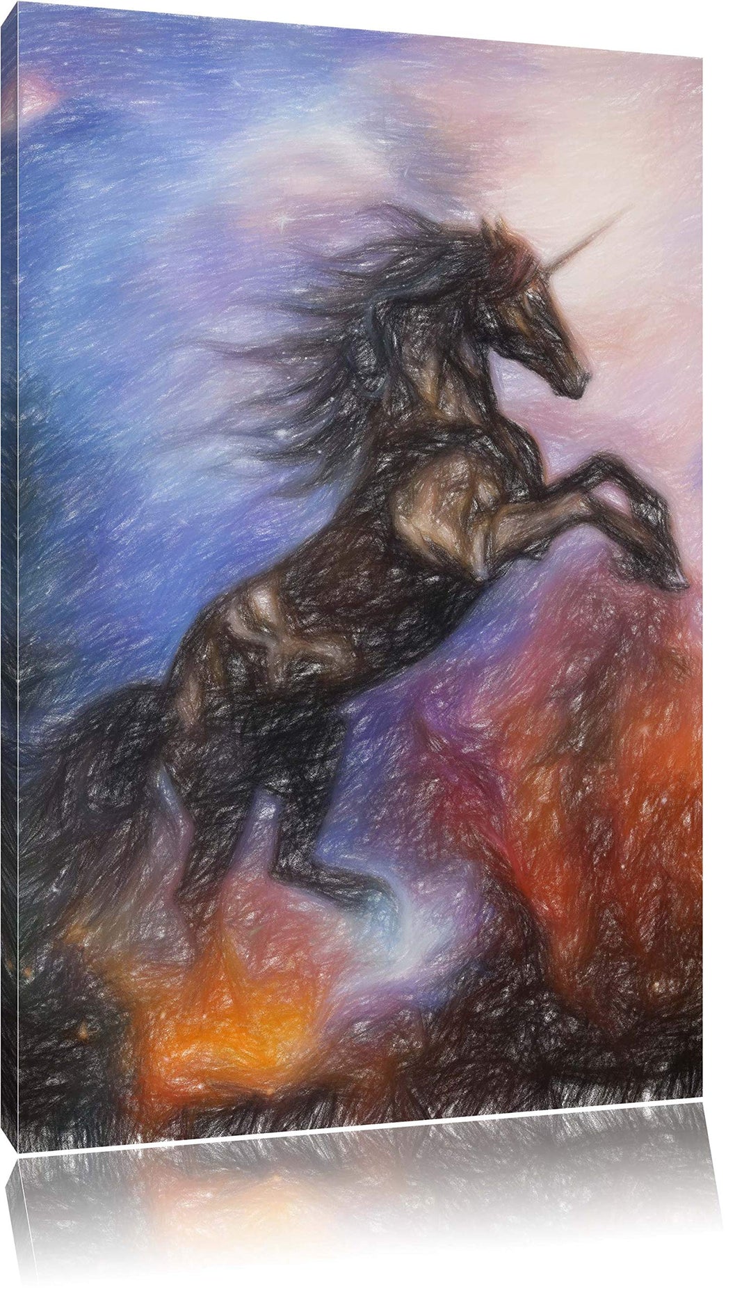 Pixxprint Traumhaftes schwarzes Einhorn Bunstift Effekt, Format: 100x70 auf Leinwand, XXL riesige Bi