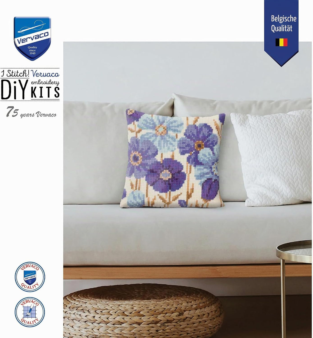 Vervaco VER Kreuzstichkissen Anemonen in Blau, Baumwolle, Mehrfarbig, 40 x 40 x 0.3 cm
