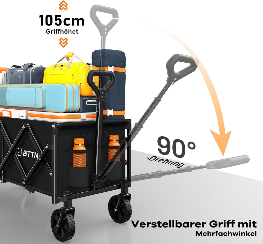 BTTN 120L Klappbarer Bollerwagen, 160kg (350LBS) Traglast Handwagen Faltbar mit Leisen Rädern, Bolle
