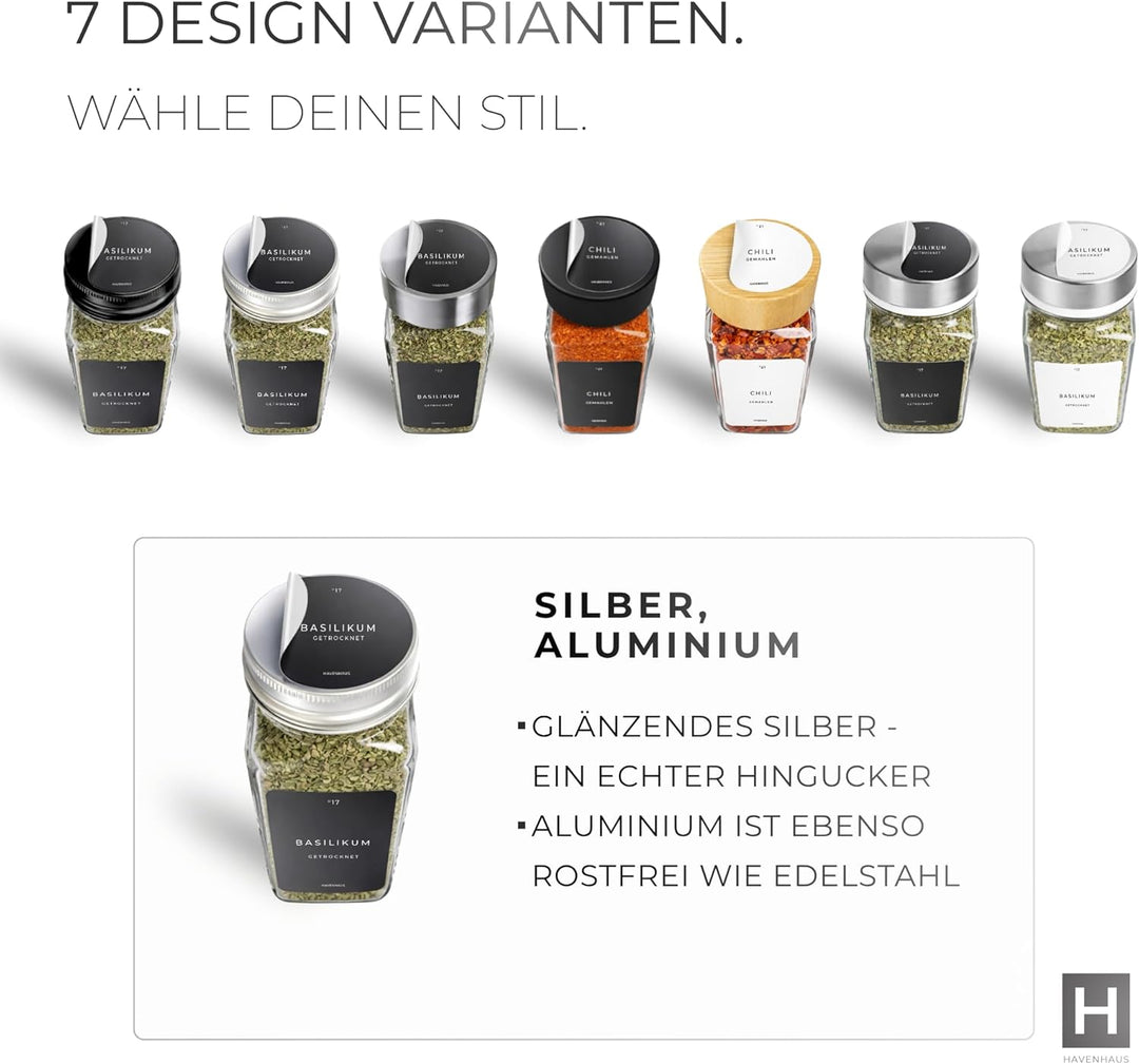 Havenhaus Premium Gewürzgläser Set Aluminium | 24 Gewürz Organizer inkl. 336 deutschen Gewürzetikett