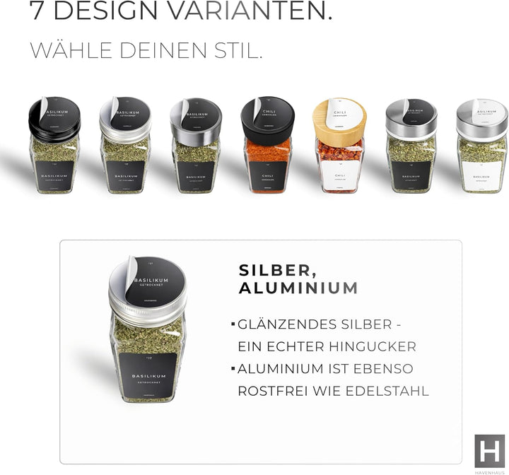 Havenhaus Premium Gewürzgläser Set Aluminium | 24 Gewürz Organizer inkl. 336 deutschen Gewürzetikett