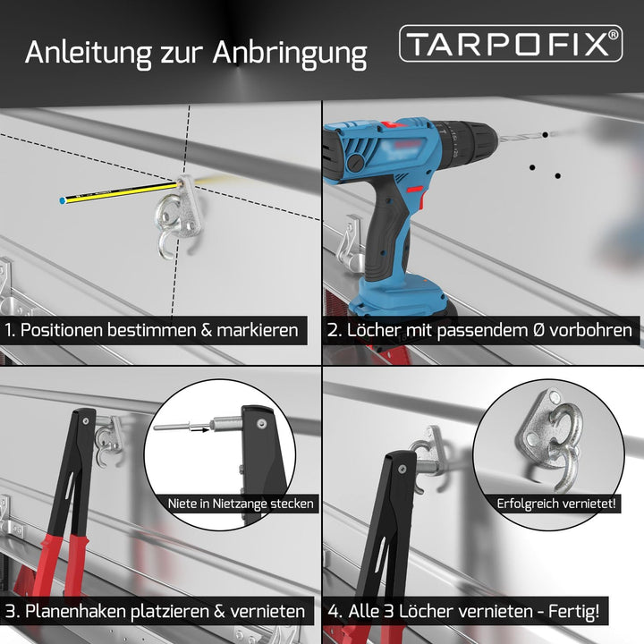 Tarpofix® Dreiloch Planenhaken Netzhaken inkl. Blindnieten für Anhänger Plane & Anhängernetz (10 Stk