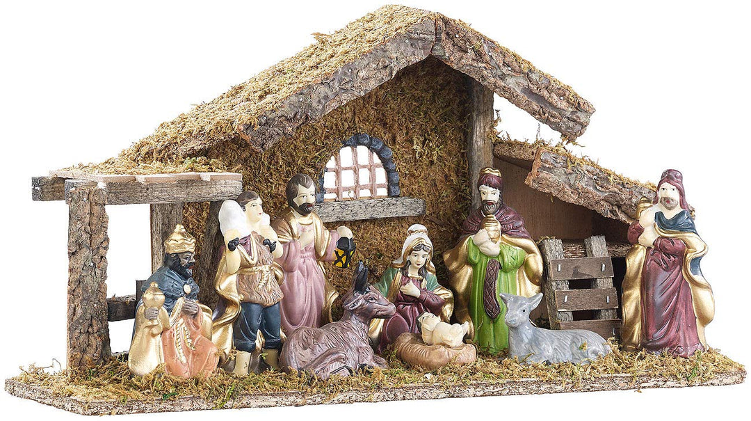 Britesta Krippe: Hochwertige Holz-Weihnachtskrippe, grosse handbemalte Porzellan-Figuren (Krippe
