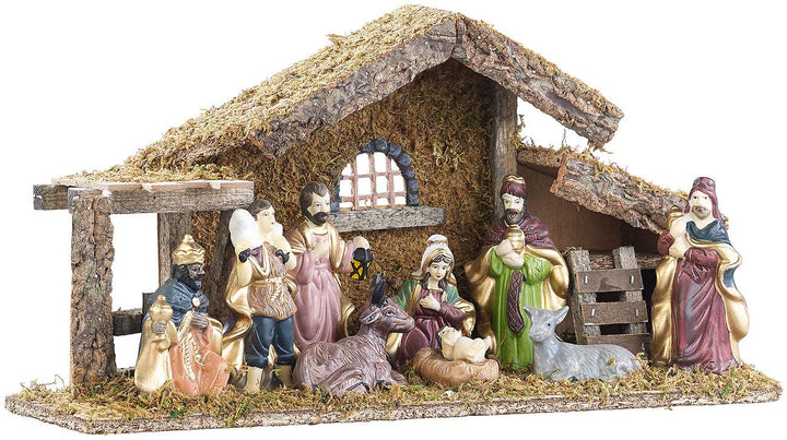 Britesta Krippe: Hochwertige Holz-Weihnachtskrippe, grosse handbemalte Porzellan-Figuren (Krippe
