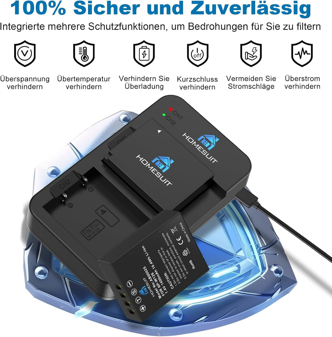 Homesuit Ersatz für Akku Fujifilm NP-W126/NP-W126s und USB Ladegeräte, Kompatibel mit Fuji X-T3, X-T