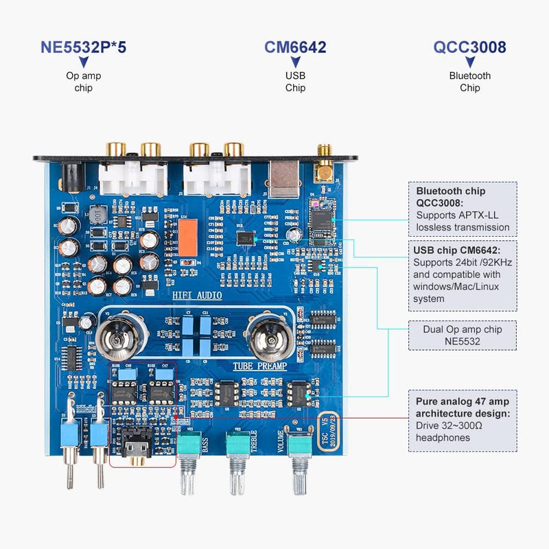 AIYIMA T6PRO QCC3008 Bluetooth 5.0 Röhrenvorverstärker HiFi-Kopfhörerverstärker Mit PC-USB 24bit/192