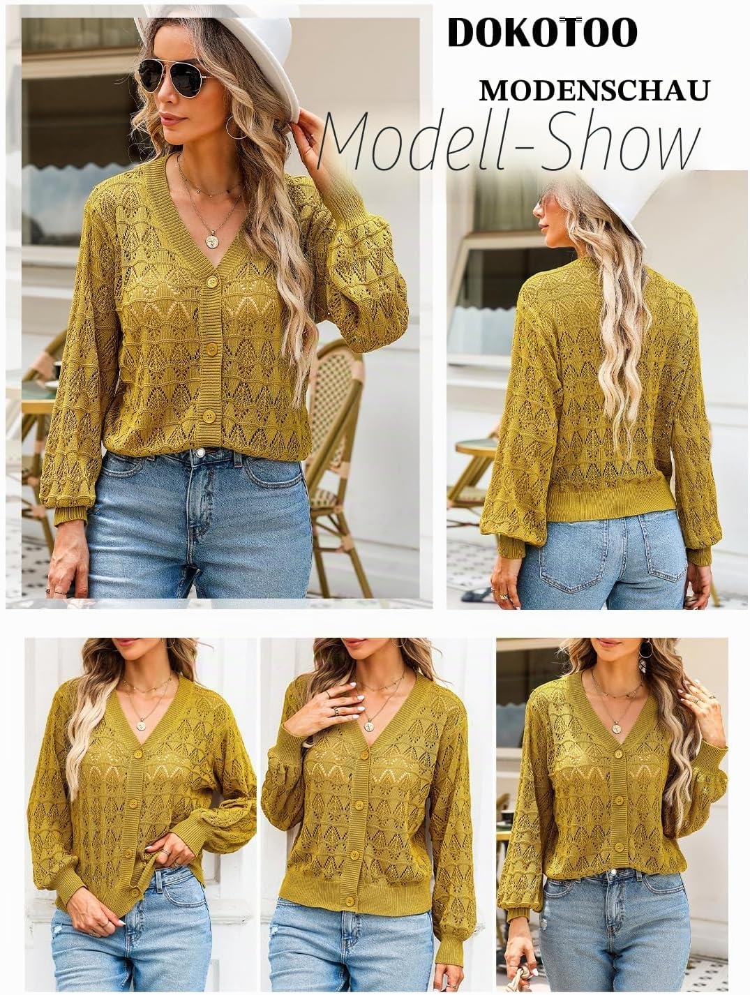 Dokotoo Damen Strickjacke V-Ausschnitt Kurzer Cardigan Elegant Langarm Leichter Strickpullover mit K