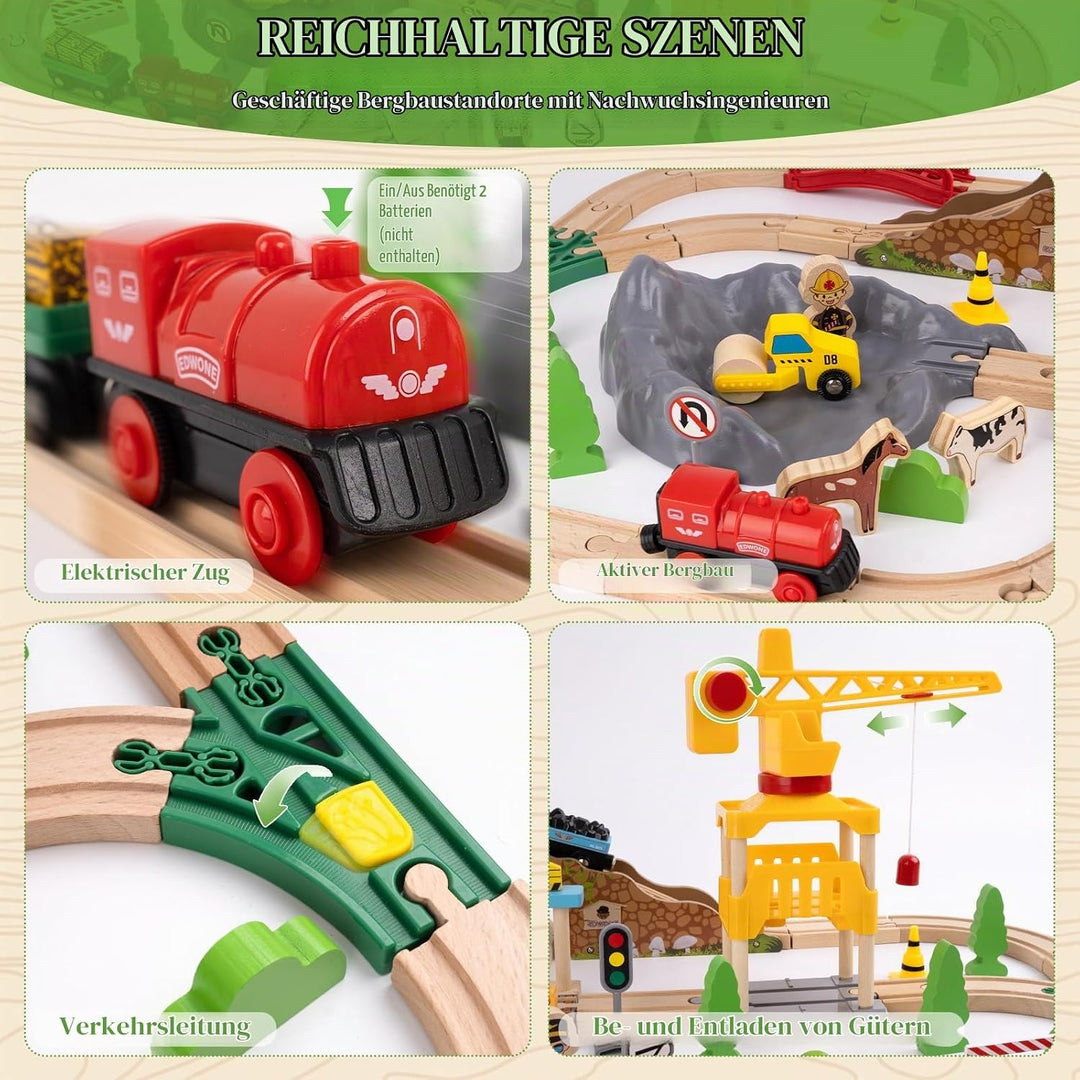 Holzeisenbahn Set, Bergbau-Zugset für Kinder, Spielzeugeisenbahn für Jungen und Mädchen mit Holzeise