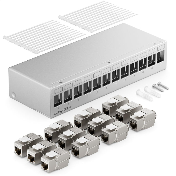deleyCON 12 Port Patchpanel Set Patchfeld Verteilerfeld 1 HE + 12x RJ45 Keystone Jack Modul STP CAT6