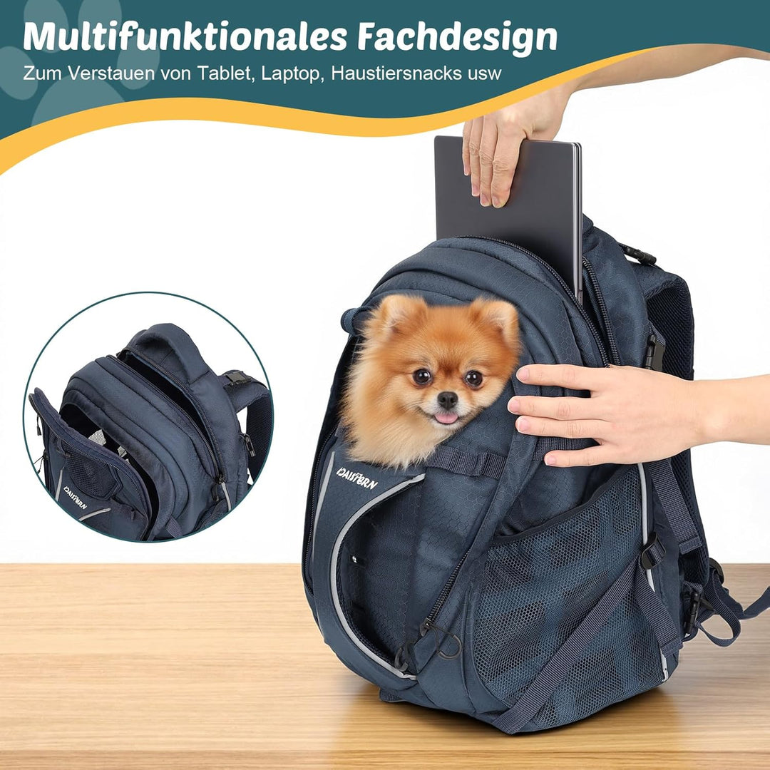 Hunderucksack Wandern bis 8KG, Ergonomischer Katzenrucksack mit Laptopfach & Bequemes Sitzkissen, be