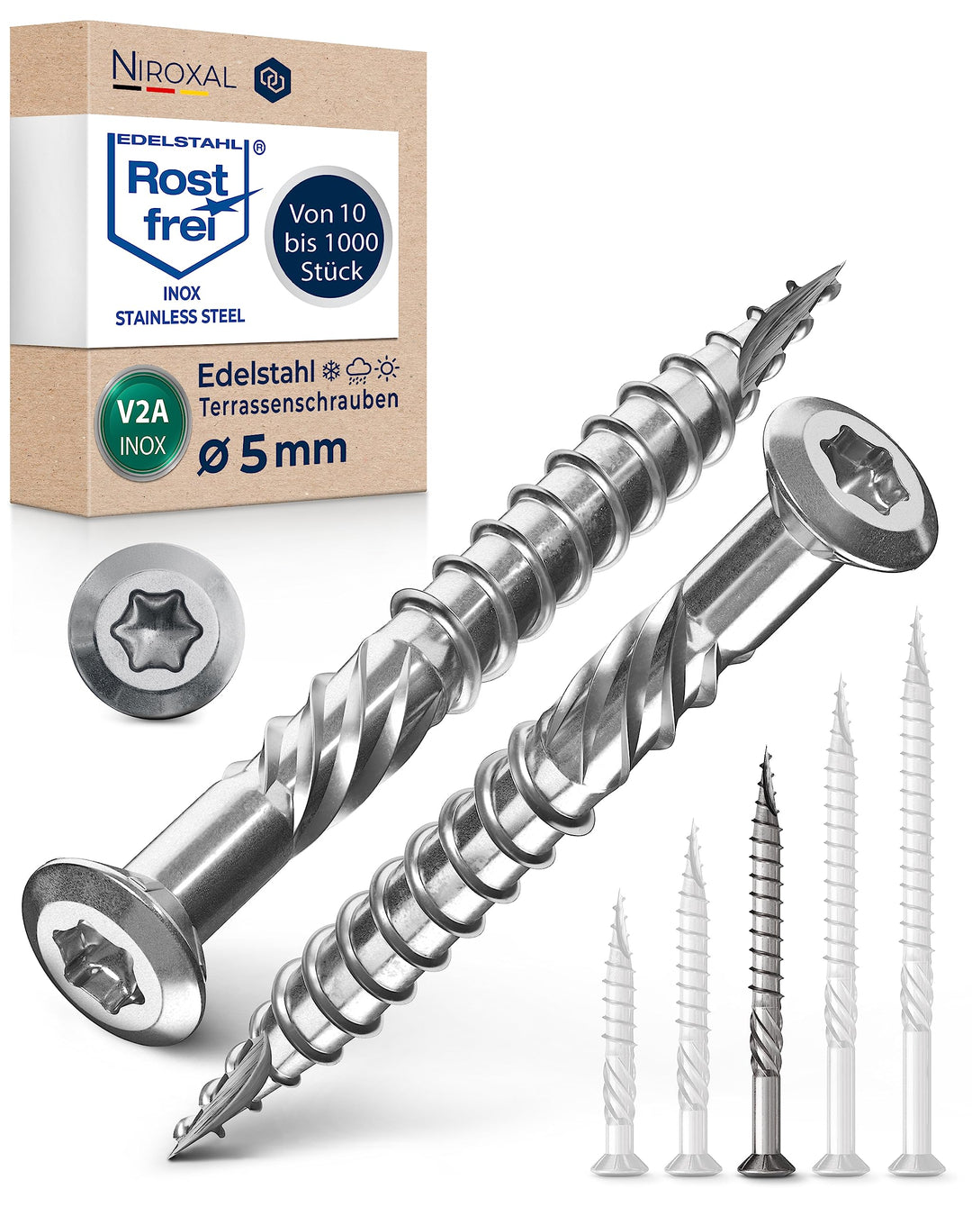 Terrassenschrauben 5x60 Edelstahl A2 Linsenkopfschrauben Torx Schrauben 5mm stark 200 Stück Holzschr