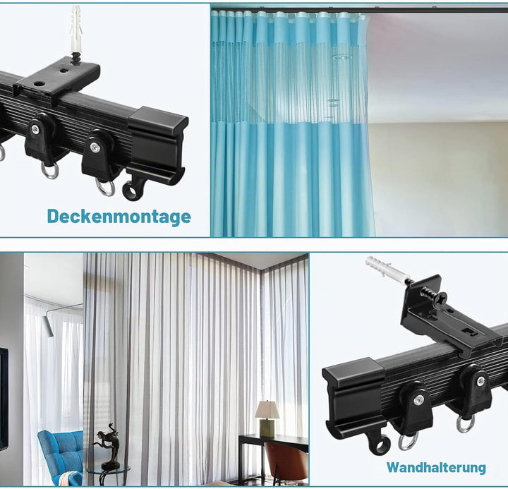 Deckenvorhangschiene, flexible Vorhangschiene, Deckenwand, schwarz, biegbar, montiert, strapazierfäh