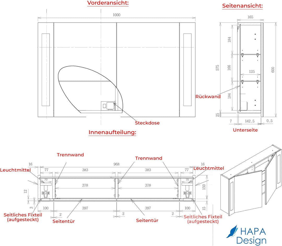 HAPA Design Bad Spiegelschrank mit Beleuchtung und Steckdose Venedig. Austauschbare LED Beleuchtung