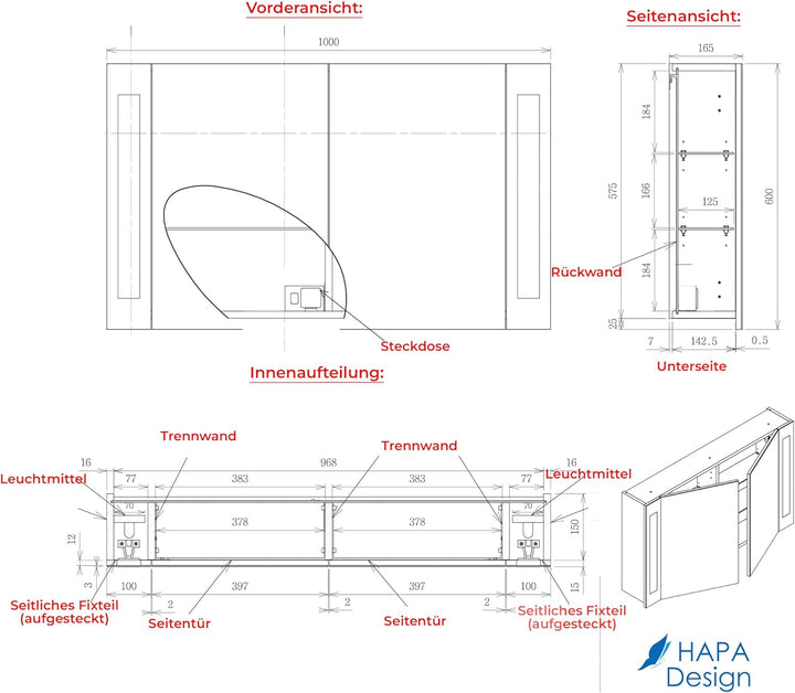 HAPA Design Bad Spiegelschrank mit Beleuchtung und Steckdose Venedig. Austauschbare LED Beleuchtung