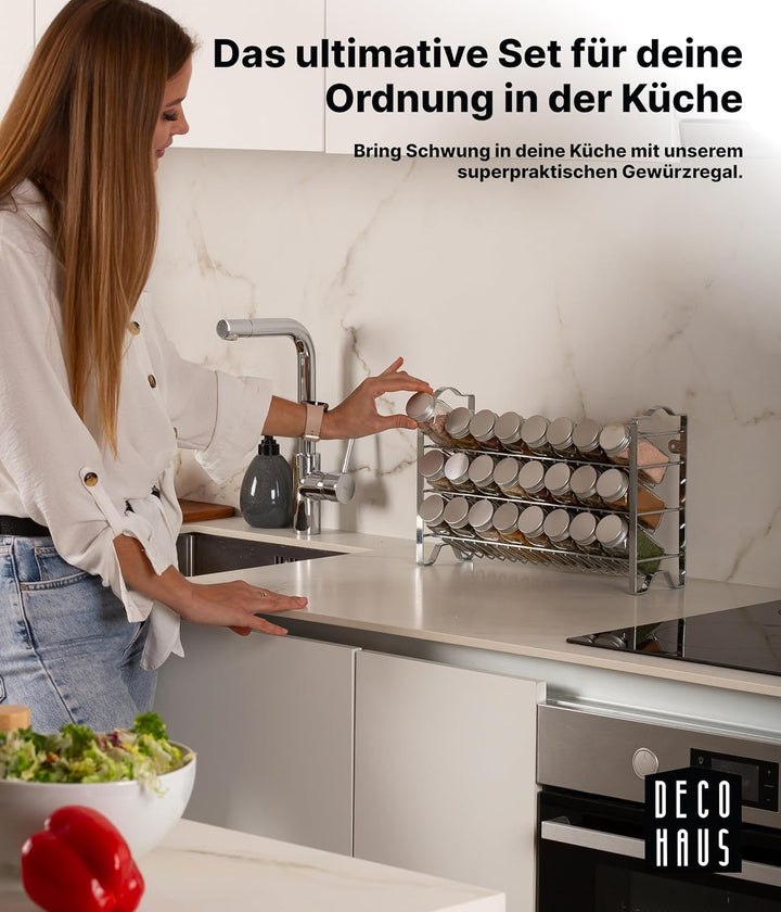 Deco haus Gewürzregal mit Gewürzgläser - 3 stufiges Metall Regal - Küchen Organizer Set, Gewürzregal