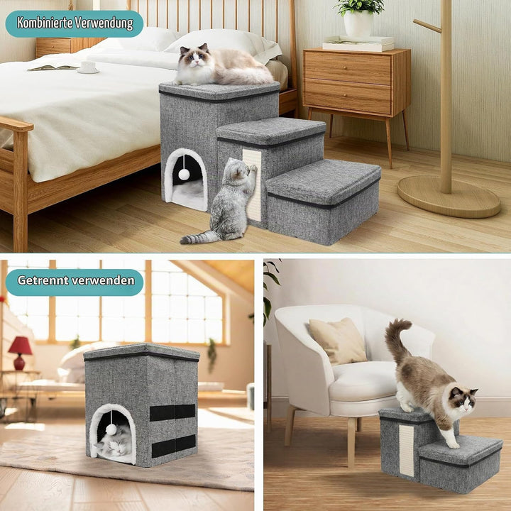 Newthinking Hundetreppe 3 Stufen mit Stauraum, rutschfeste &amp; Faltbare Treppe für kleine Hunde, älter