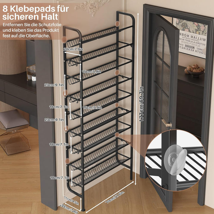 Tür Schuhregal, 9 Ebenen Metall Schuhablage Hinter der Tür, Offener Platzsparend Schuhschrank Schräg