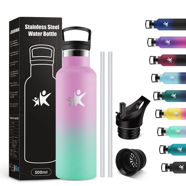 KollyKolla Edelstahl Trinkflasche Kinder 500ml, Vakuum Thermosflasche mit Strohhalm, BPA-Frei Thermo