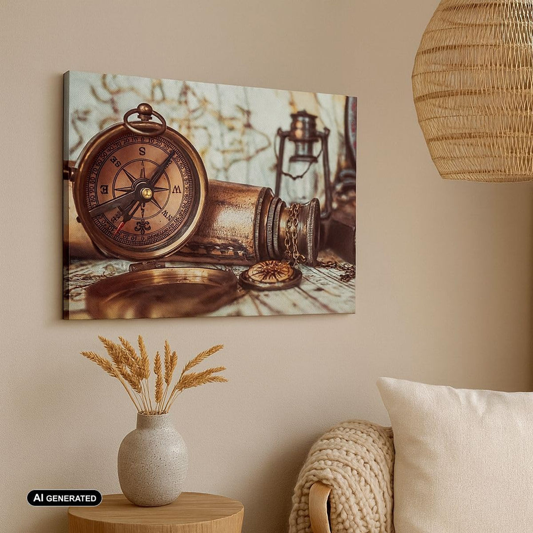 Bilder auf Leinwand Kompass Teleskop Abenteuer antik Leinwandbild 70x50cm Wandbilder Dekoration Wohn